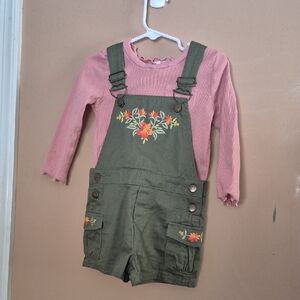 Kids' Olive Green Floral Overalls